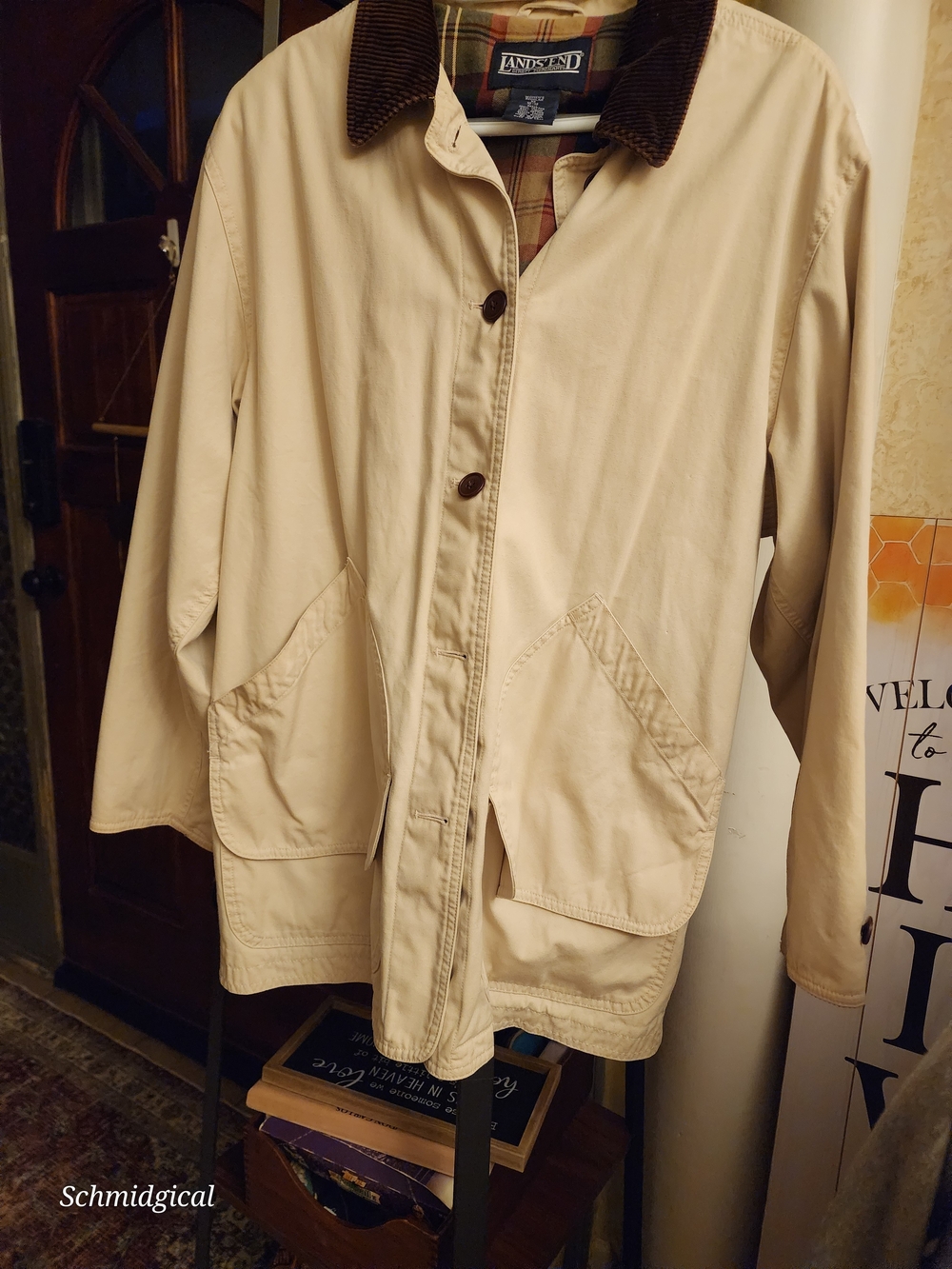 Vintage Lands' End Women's Cream Barn Chore Jacket with Brown Corduroy Collar - Picture 2 of 7